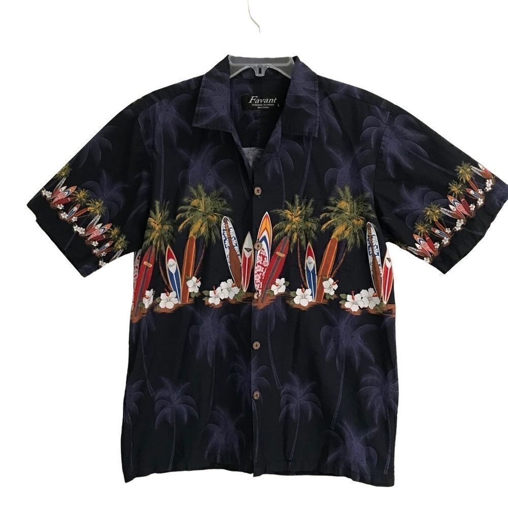 Vintage‎ Favant Hawaii surfboard Hawaiian print button up shirt L